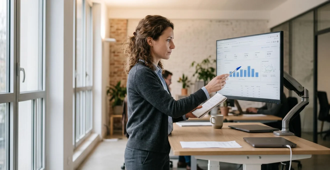 Spécialiste en marketing digital debout analysant des données de campagne en comparant des notes manuscrites avec un écran dans une agence moderne