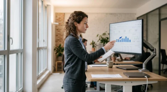 Spécialiste en marketing digital debout analysant des données de campagne en comparant des notes manuscrites avec un écran dans une agence moderne
