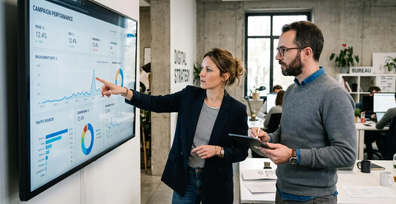 Deux professionnels du marketing digital collaborant debout devant un grand écran affichant des données de campagne dans une agence
