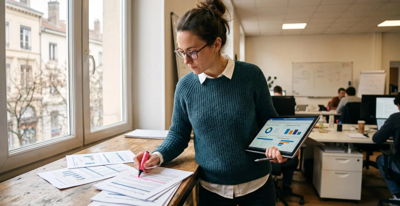 Analyste marketing digital examinant des rapports de campagne imprimés tout en comparant avec des données sur tablette près d'une fenêtre