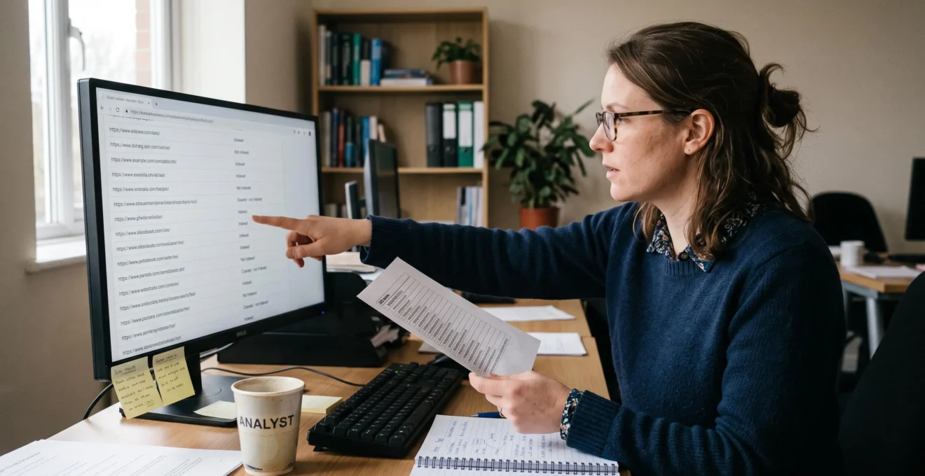 Un analyste web examine une liste d'URL avec leurs statuts d'indexation sur un écran d'ordinateur au bureau.