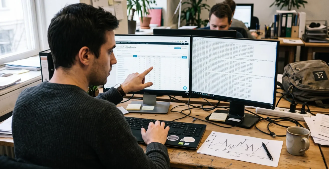 Un analyste compare un tableau de suivi de positions et des logs de crawl sur son ordinateur portable dans un bureau.