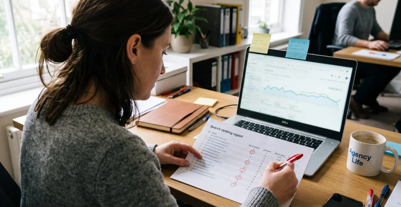 Une analyste web assise à son bureau compare un rapport imprimé de positions de recherche avec les données affichées sur son ordinateur portable et entoure des lignes au stylo rouge.