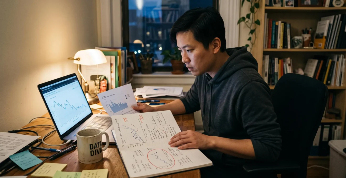 Un analyste web compare dans son bureau une courbe de trafic imprimée annotée avec un graphique affiché sur son ordinateur portable.