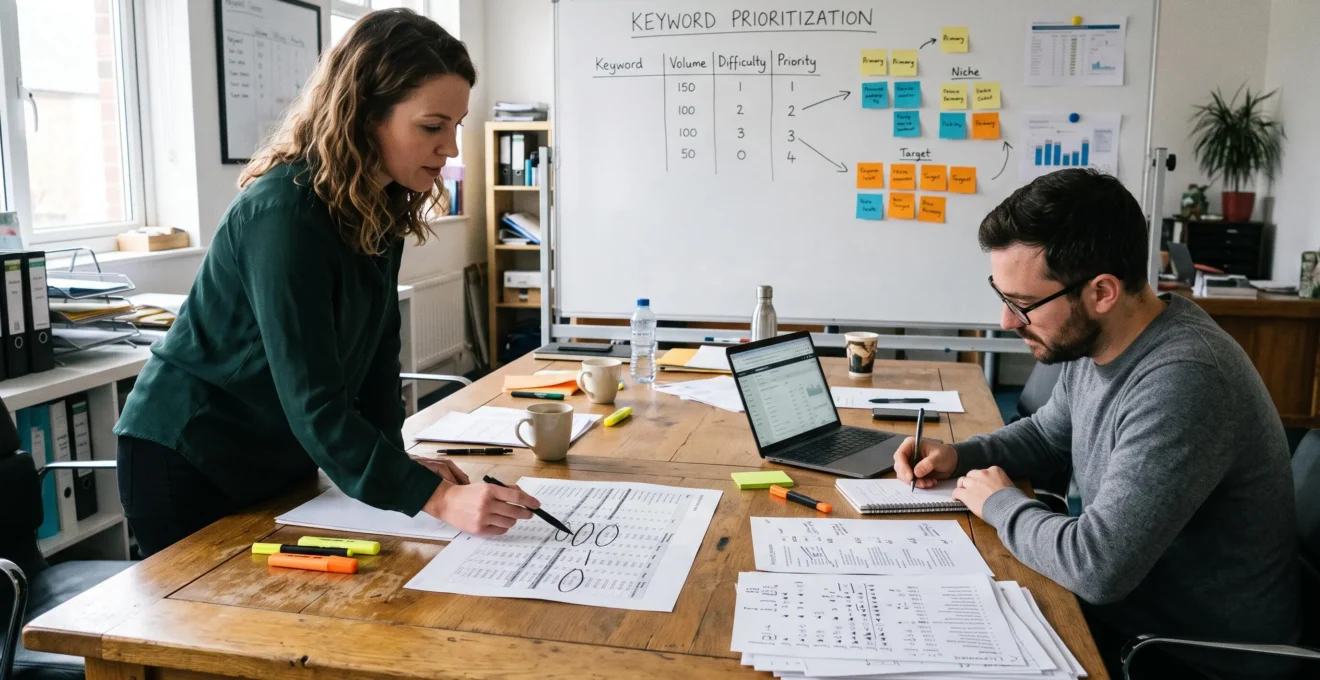 Deux personnes travaillent autour d'une table lors d'un atelier de priorisation de mots-clés, avec des listes imprimées annotées et un tableau regroupé sur un paperboard.