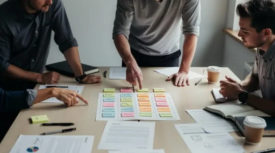 Une équipe de marketing digital regroupe des notes papier en colonnes sur une table lors d'un atelier de stratégie de mots-clés.
