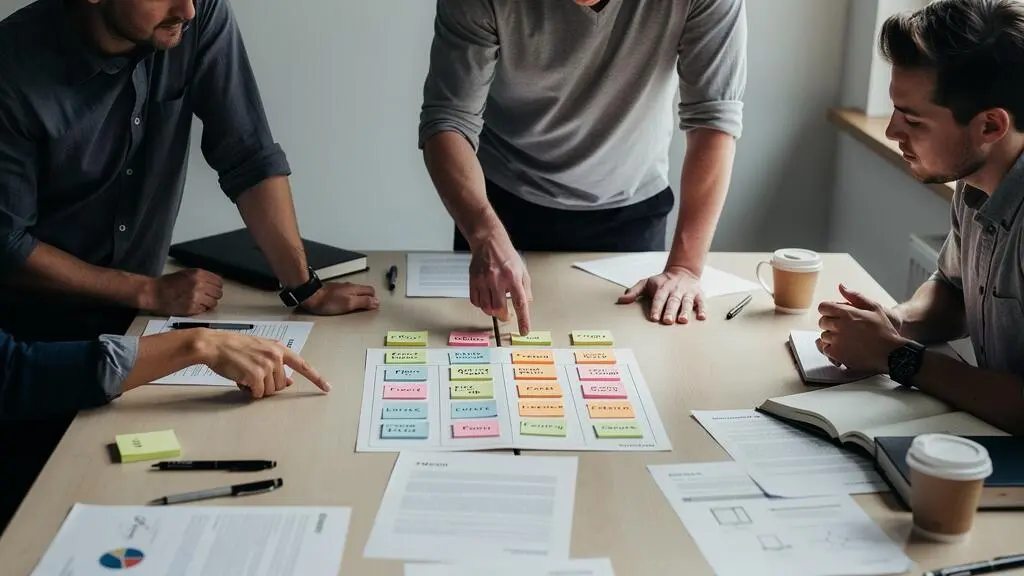 Une équipe de marketing digital regroupe des notes papier en colonnes sur une table lors d'un atelier de stratégie de mots-clés.