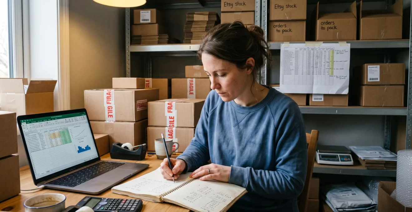 Une commerçante en ligne compare des prix et calcule ses marges sur un ordinateur portable dans son local de stockage, entourée de colis et de notes manuscrites.
