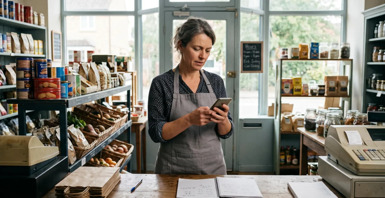 Une commerçante consulte la fiche d'établissement de son magasin sur son téléphone, derrière le comptoir de sa boutique.