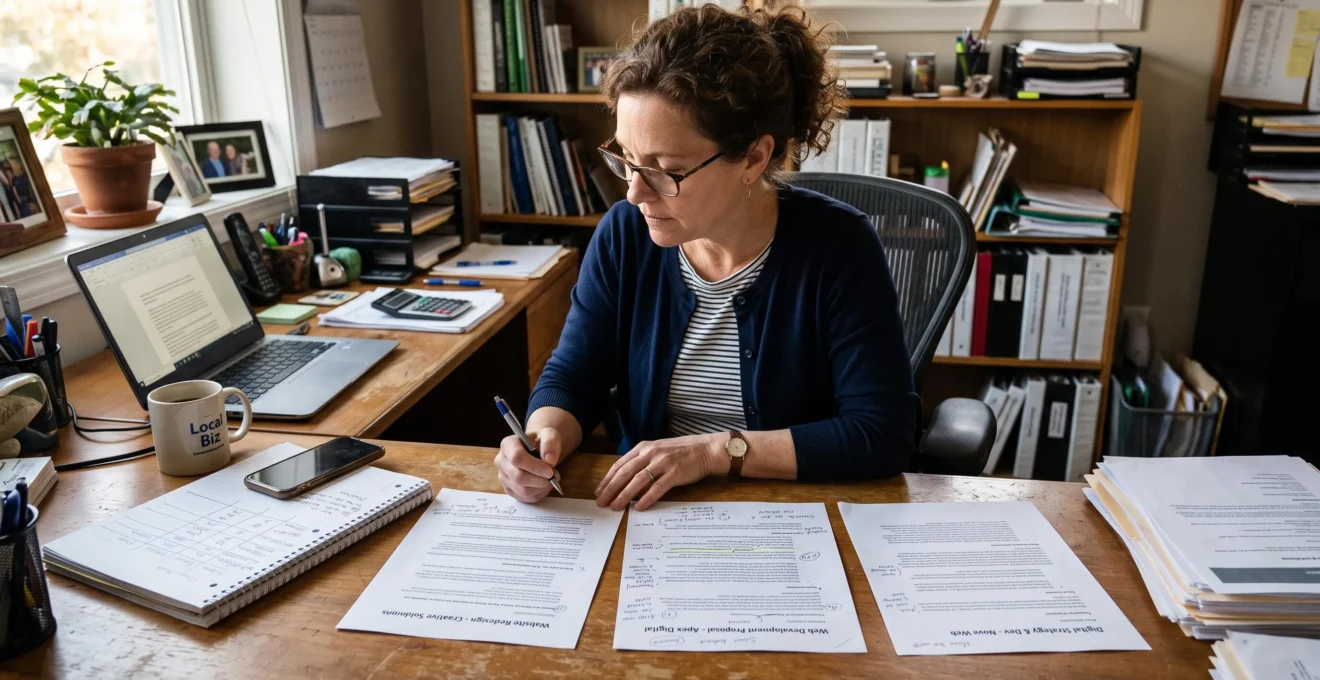 Une entrepreneure compare trois propositions imprimées d'agences Web annotées à la main, assise à son bureau dans un bureau lumineux.