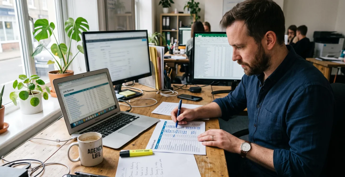Un consultant SEO examine un tableau d'audit de backlinks imprimé posé à côté de son ordinateur portable dans un bureau