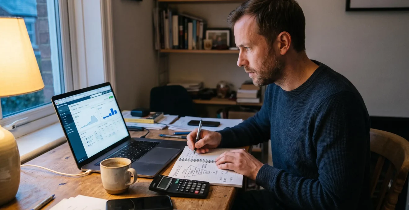 Un consultant indépendant calcule un objectif de coût par prospect dans un carnet tout en configurant une campagne publicitaire sur son ordinateur portable.