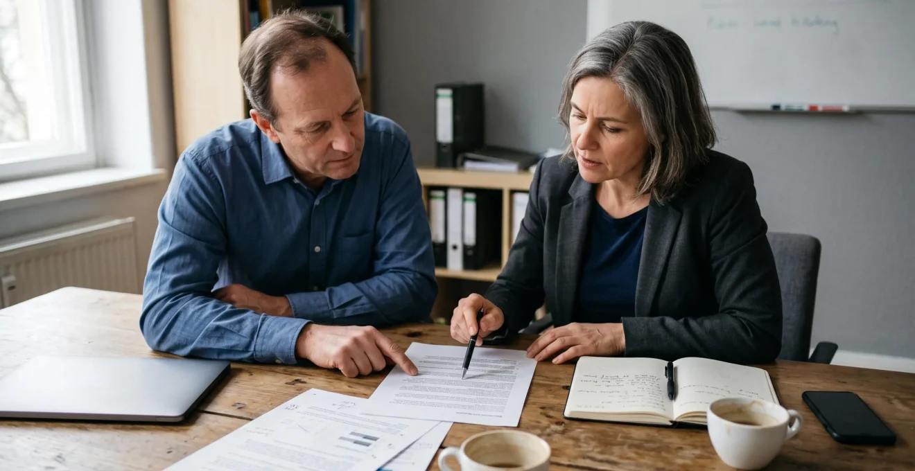 Un consultant et un prospect discutent autour d'une proposition commerciale imprimée sur une page, posée sur une table de réunion.