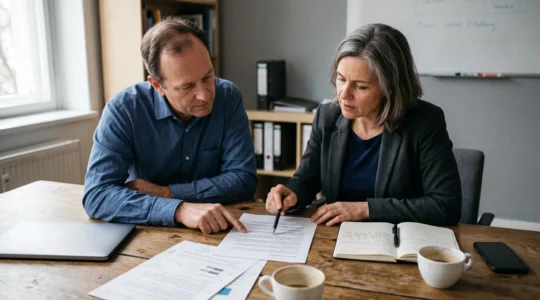 Un consultant et un prospect discutent autour d'une proposition commerciale imprimée sur une page, posée sur une table de réunion.