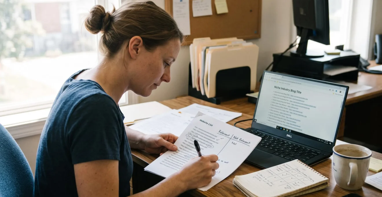 Un consultant en marketing digital trie et note à la main une liste de sites thématiques candidats pour obtenir des liens éditoriaux pertinents.