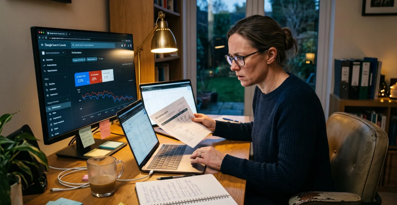 Une consultante SEO compare un rapport de positions annoté aux courbes de performance affichées sur deux écrans de son bureau.