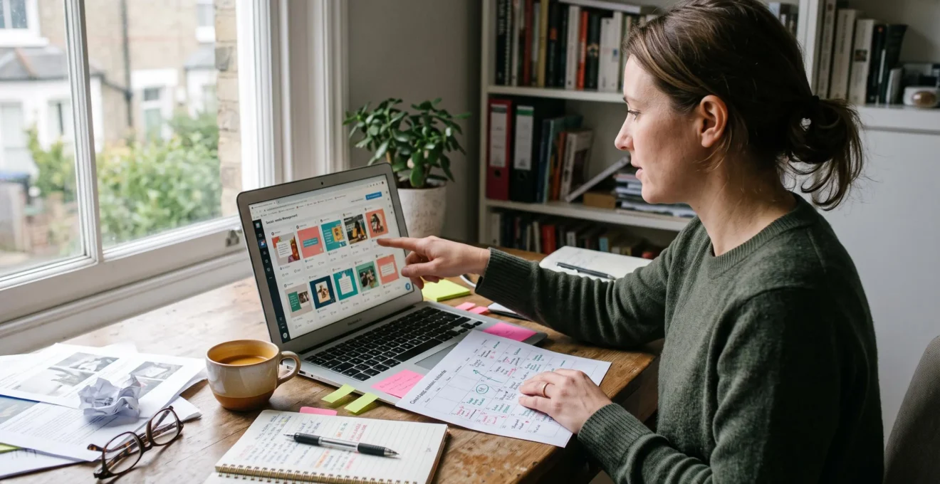 Une consultante en marketing analyse une grille de publications sur son ordinateur portable, un plan de contenu imprimé à la main, dans un bureau d'appoint vécu.