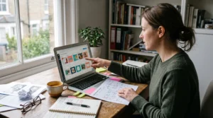 Une consultante en marketing analyse une grille de publications sur son ordinateur portable, un plan de contenu imprimé à la main, dans un bureau d'appoint vécu.