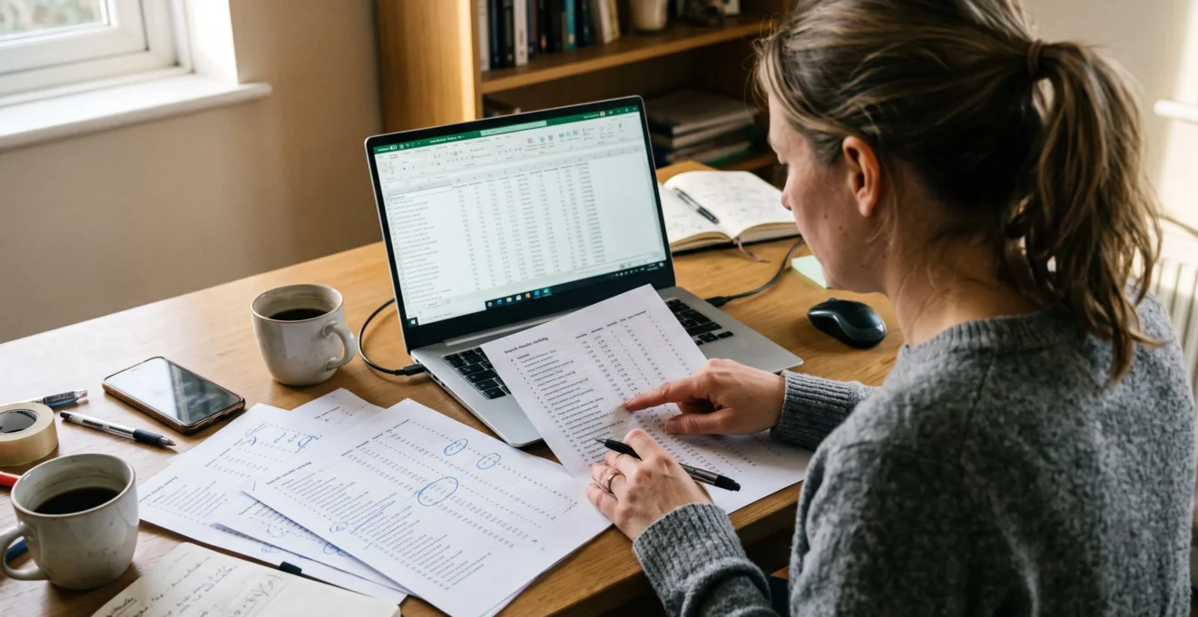 Une consultante SEO compare sur son bureau une liste de positions imprimée avec un tableau de mots-clés ouvert sur son ordinateur portable.