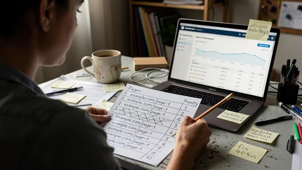 Une consultante SEO examine une liste imprimée de pages web et coche une ligne au crayon devant son ordinateur portable dans un bureau encombré.