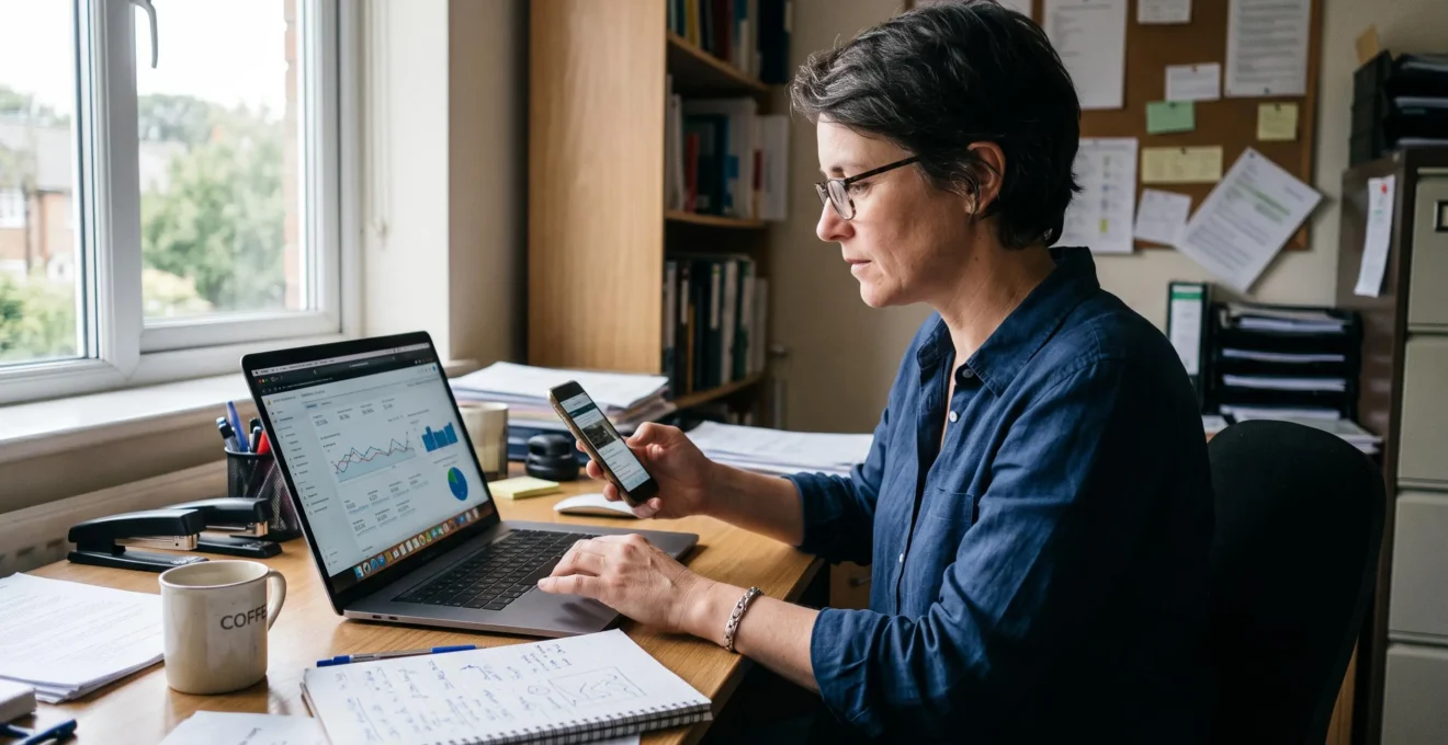 Une dirigeante de PME compare sur son ordinateur portable les statistiques de son site mobile tout en tenant son smartphone, dans son bureau.