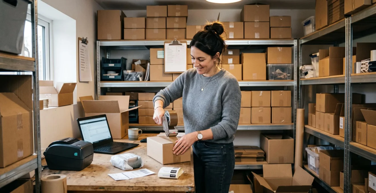Une entrepreneure emballe une commande dans une petite réserve domestique entourée de cartons de stock.