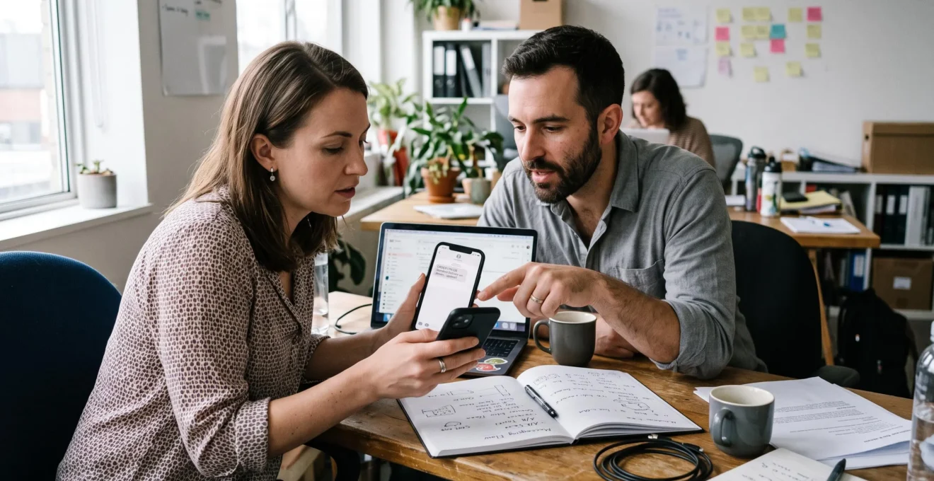 Deux collègues d'une petite équipe e-commerce examinent ensemble une notification reçue sur un smartphone posé sur un bureau de travail.