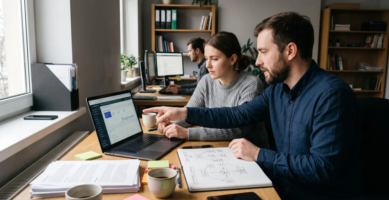 Deux personnes d'une petite équipe examinent ensemble sur un ordinateur portable l'état d'indexation d'un nouvel article, avec un brouillon annoté sur le bureau.
