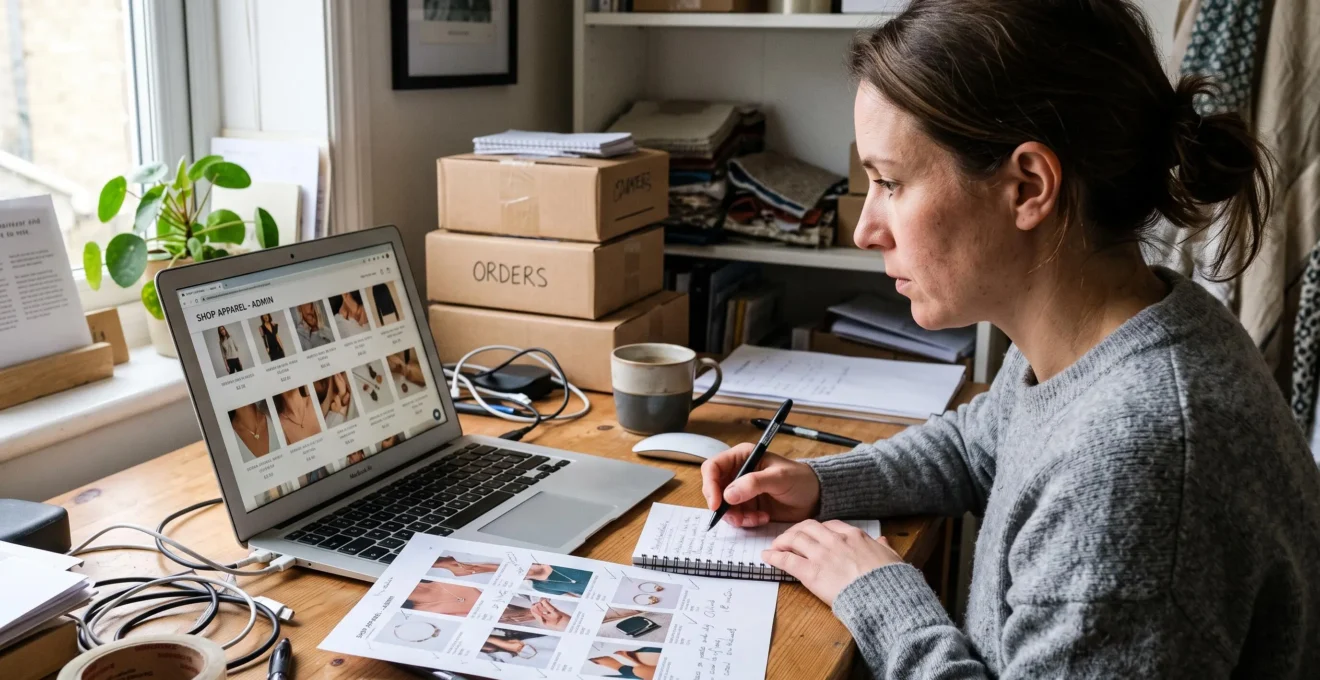 Une créatrice de boutique en ligne compare les fiches produits affichées sur son ordinateur portable avec des annotations manuscrites dans son bureau à domicile.