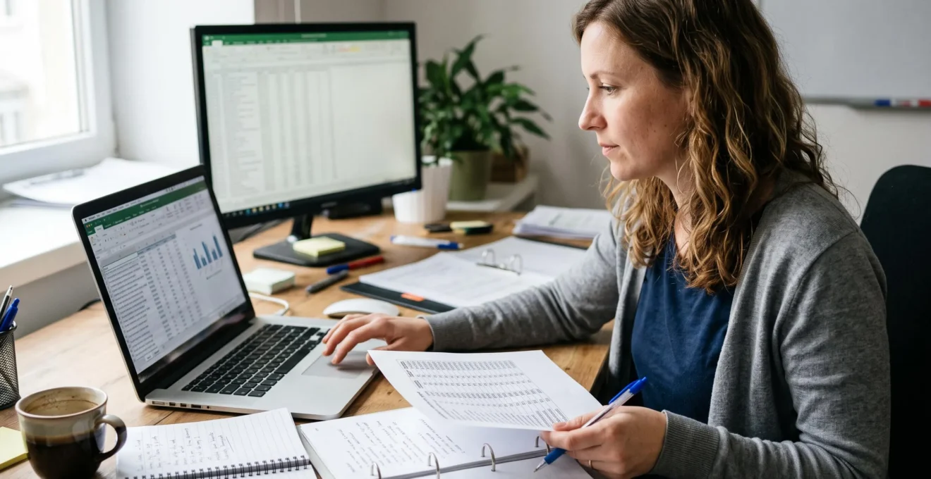 Une gestionnaire e-commerce compare un tableau de références produits imprimé avec les données de son flux d'annonces affichées sur l'ordinateur.