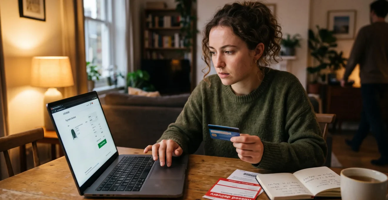 Une femme hésite devant la page de paiement d'une boutique en ligne sur son ordinateur portable, carte bancaire en main à la maison.
