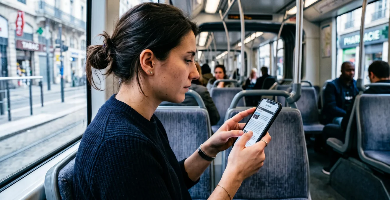 Une personne dans un tramway tient son smartphone et fait défiler un article du pouce, semblant sur le point d'arrêter sa lecture.