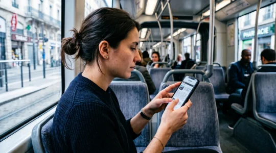 Une personne dans un tramway tient son smartphone et fait défiler un article du pouce, semblant sur le point d'arrêter sa lecture.