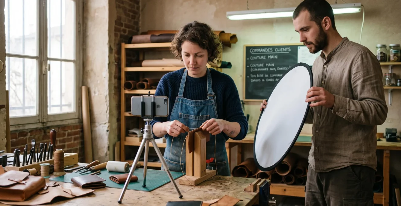 Une entrepreneuse filme une démonstration de fabrication dans son atelier avec un smartphone sur trépied, aidée par une collaboratrice.