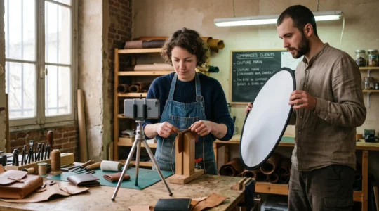 Une entrepreneuse filme une démonstration de fabrication dans son atelier avec un smartphone sur trépied, aidée par une collaboratrice.