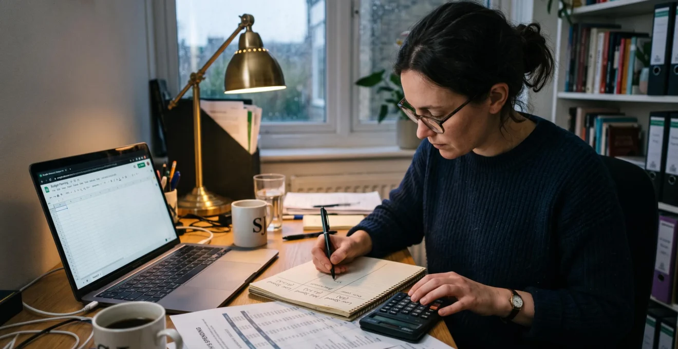 Une entrepreneure assise à son bureau construit un plan budgétaire marketing à trois scénarios dans un carnet, entourée d'une calculatrice et de relevés de dépenses mensuelles.