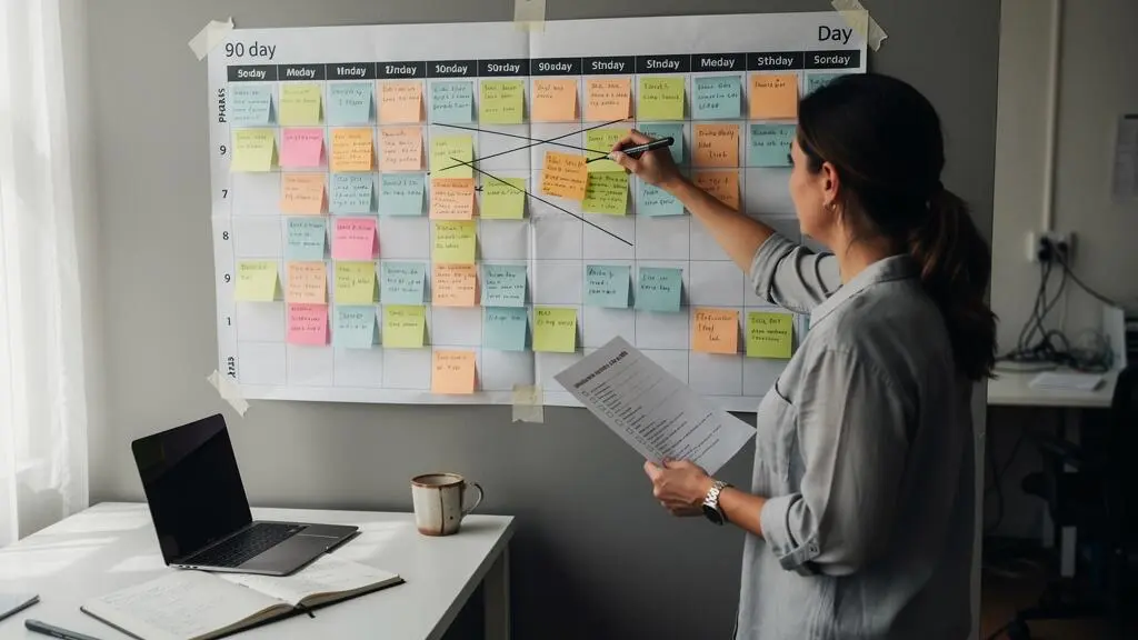 Une responsable marketing seule devant un tableau mural, réorganise des notes de son plan d'actions en trois phases sur 90 jours.