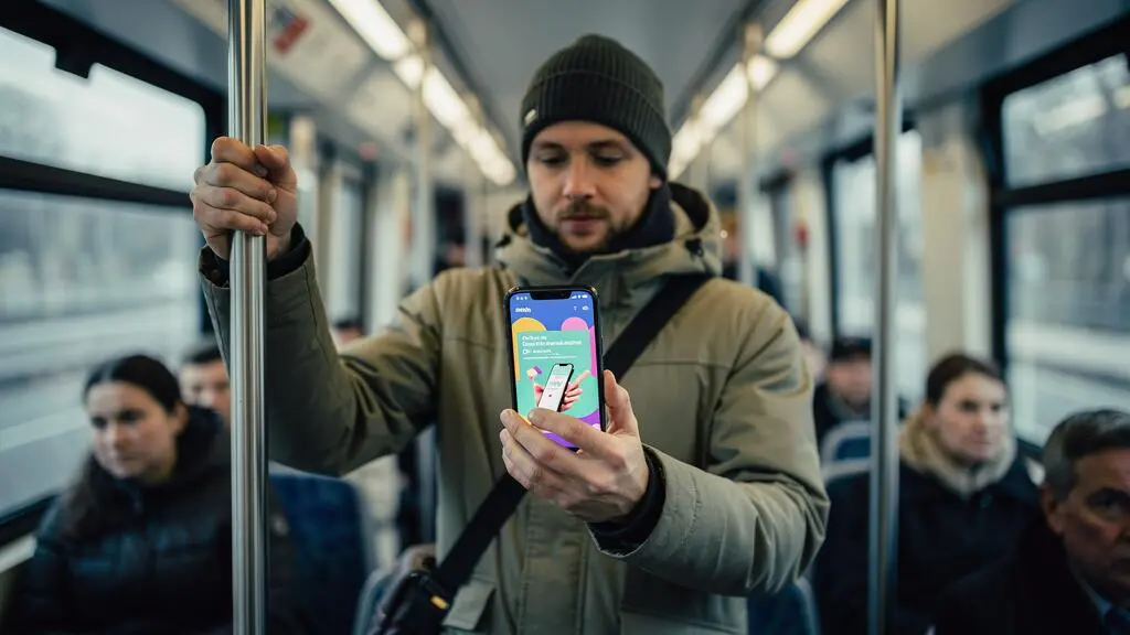 Une personne dans un tramway tient un smartphone affichant une publicité mobile, l'attention partagée entre l'écran et son trajet.