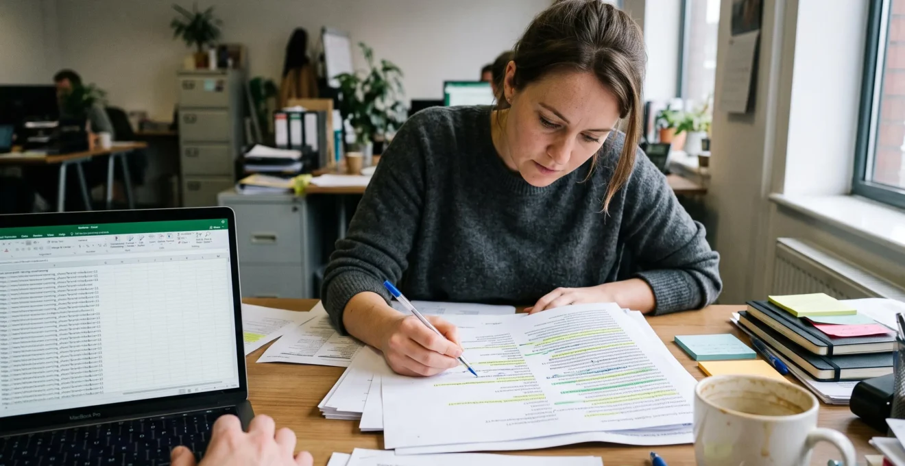 Une responsable e-commerce compare une liste imprimée d'URL de filtres et de catégories avec un tableur sur son ordinateur portable dans un bureau.