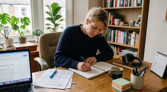 Une stratège de contenu annotant un article imprimé et rédigeant des déclinaisons courtes dans un carnet, à côté d'un ordinateur portable et d'un calendrier hebdomadaire.