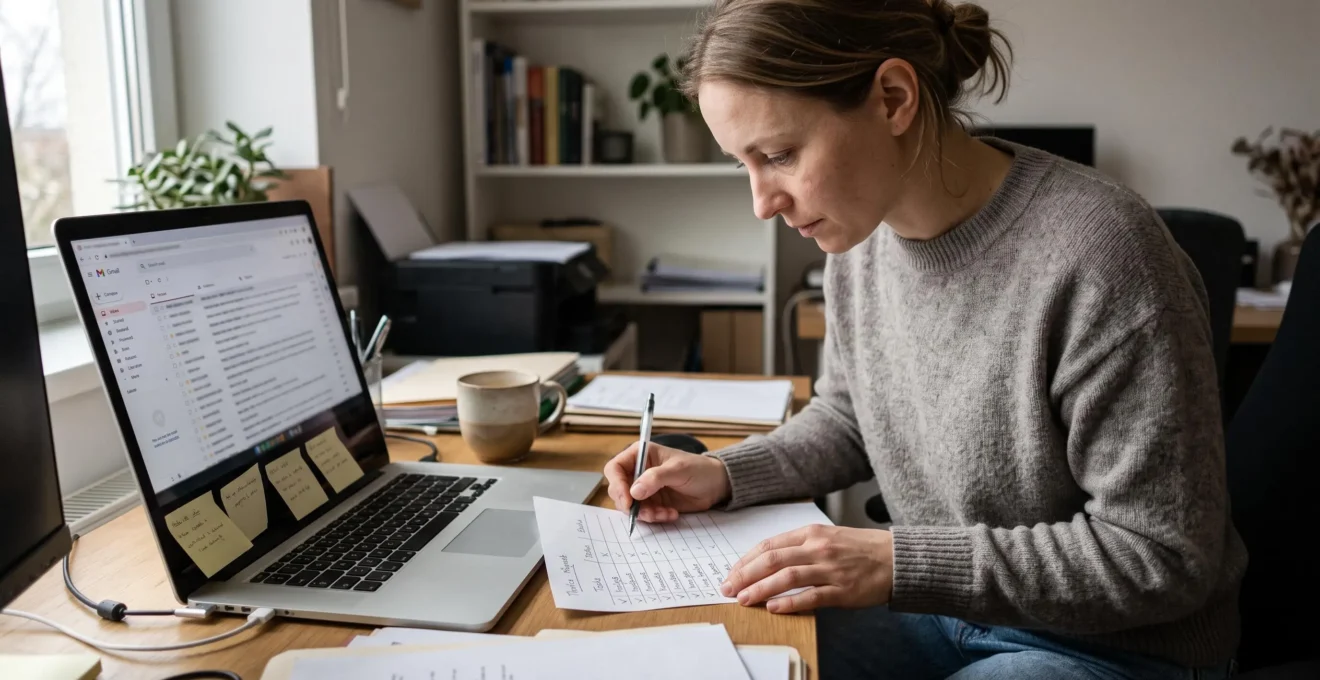Une consultante marketing trie des demandes de prospects sur une feuille à deux colonnes, à côté de sa boîte de réception ouverte sur un ordinateur portable.