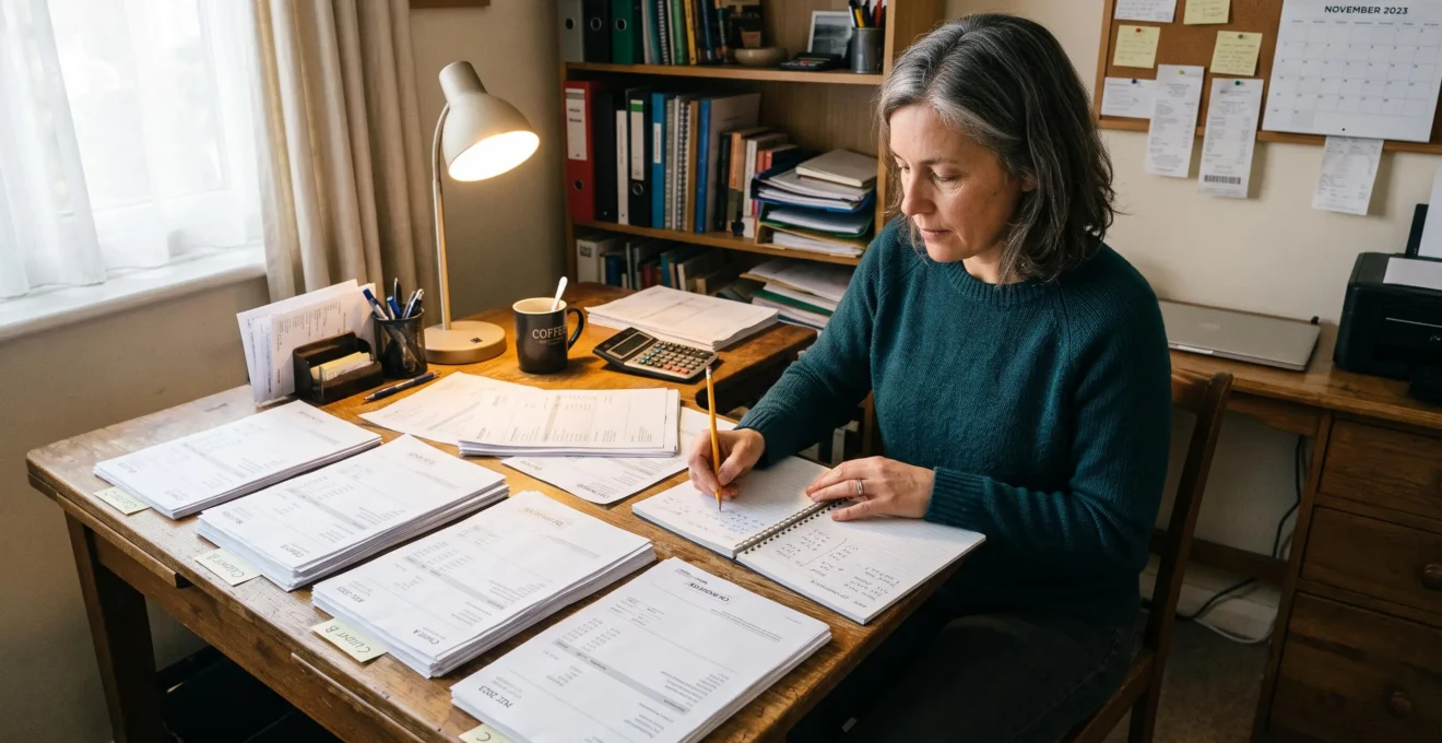 Une consultante indépendante trie des piles de factures imprimées sur son bureau et annote un carnet pour identifier ses segments de clients les plus rentables.