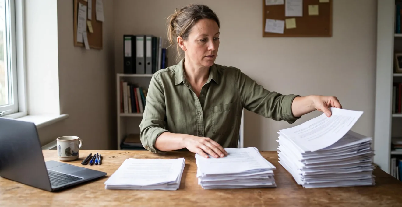 Une entrepreneuse trie des fiches d'offres de services imprimées en trois colonnes distinctes sur une table de travail.