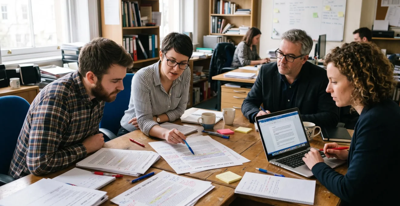 Trois collègues examinent autour d'une table un article imprimé couvert de corrections manuscrites lors d'une validation éditoriale.