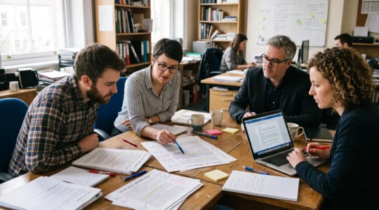 Trois collègues examinent autour d'une table un article imprimé couvert de corrections manuscrites lors d'une validation éditoriale.