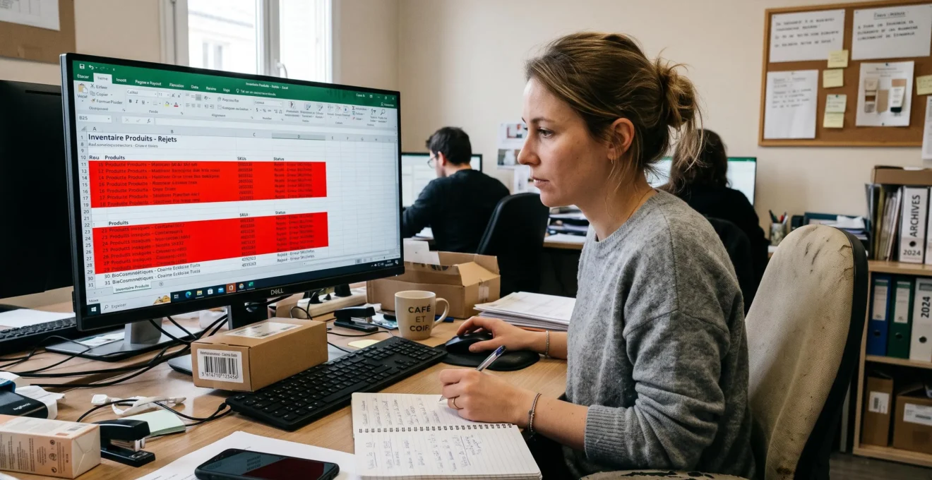 Une gestionnaire e-commerce vérifie à l'écran un tableau de produits dont plusieurs lignes sont marquées en rouge, un produit physique à côté du clavier.